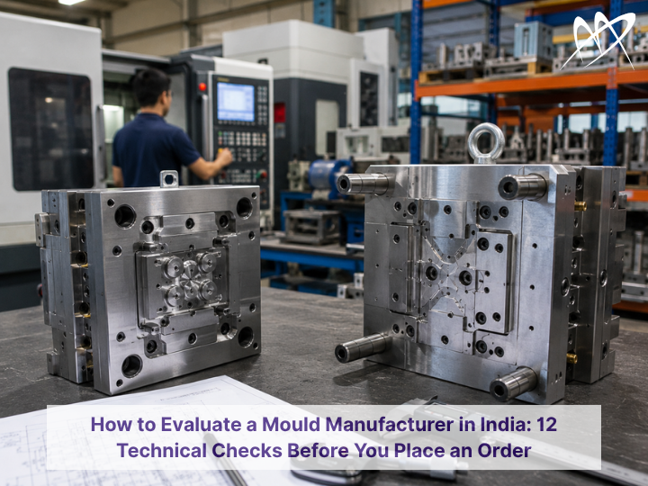 Mould manufacturer evaluation showing precision injection moulds, measuring tools, technical drawings and CNC machinery in an industrial facility.